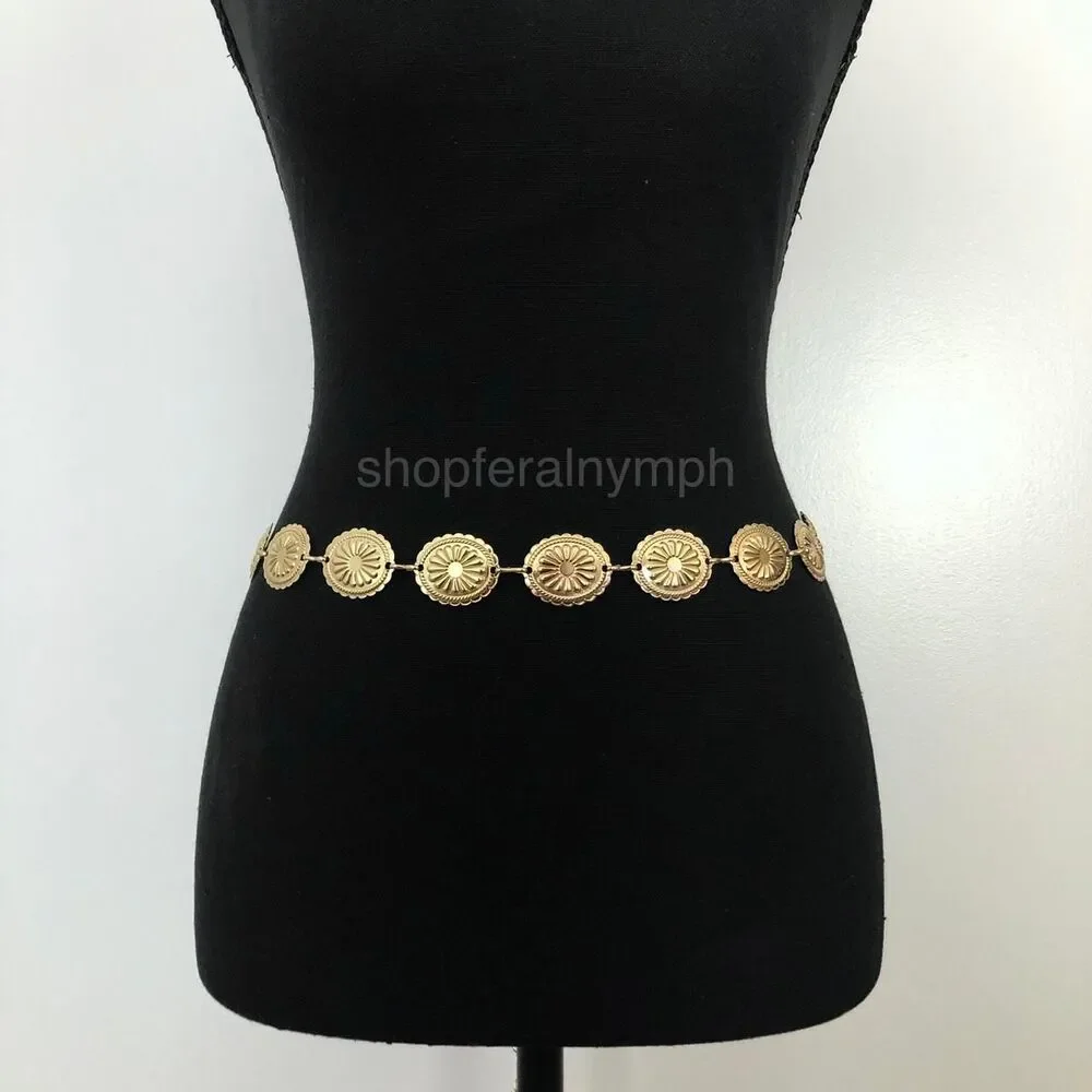 Vintage Y2K Boho Gold Medallion Chain Belt, Fits 23.5–43 Inches, X7GA1187
